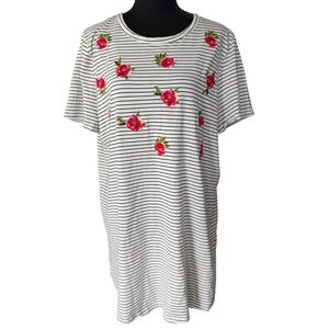 Umgee Black White Striped Tunic Top Mini Dress Floral Embroidered T Shirt